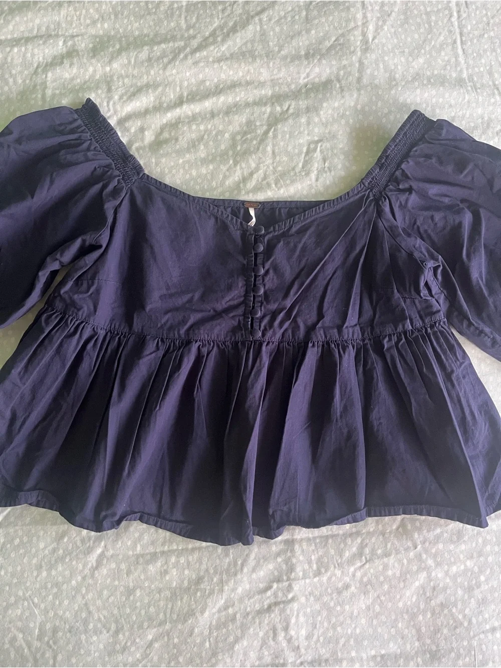 Free People Indigo Puff Sleeve Off Shoulder Crop Babydoll Blouse, size S